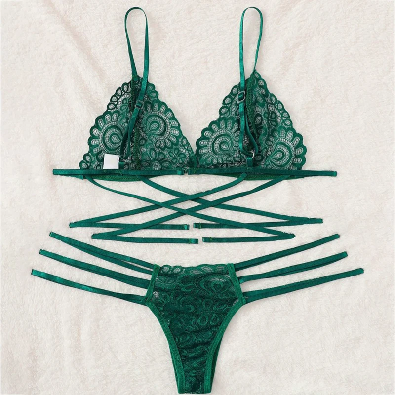 

Sexy Lingerie Bra Set Women Green Sexy Lace Sling Bra Thong Set Bandage Underwear Sleepwear Lingerie Sets Lenceria