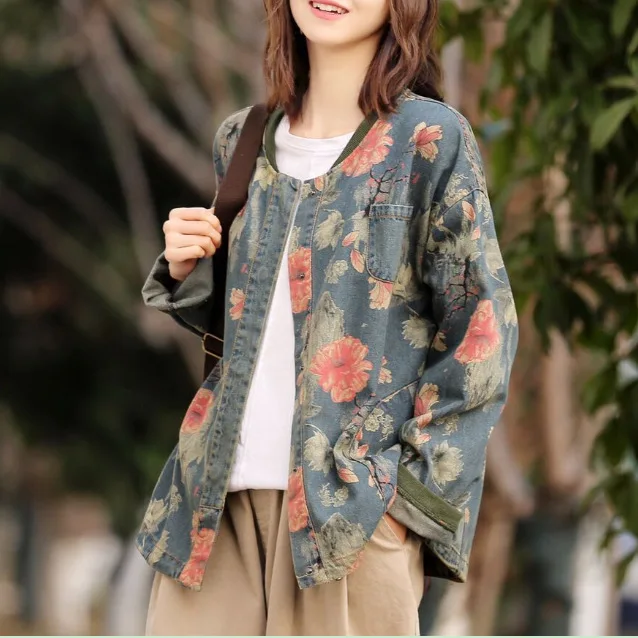 Женские весенние джинсовые пальто с принтом в стиле ретро свободные круглым