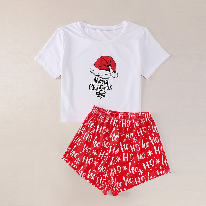 

2020 Casual Merry Christmas Cartoon Print Short Sleeve Tshirt Shorts Women Pajama Sets Christmas Women Pajama Sets Dropshipping