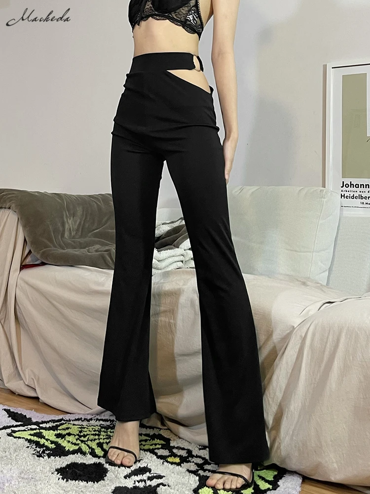 

Macheda Spring 2022 High Waist hollowed-out lacing Straight Leg Bell Pants Hammer Drop feel Black women straight leg pants slim