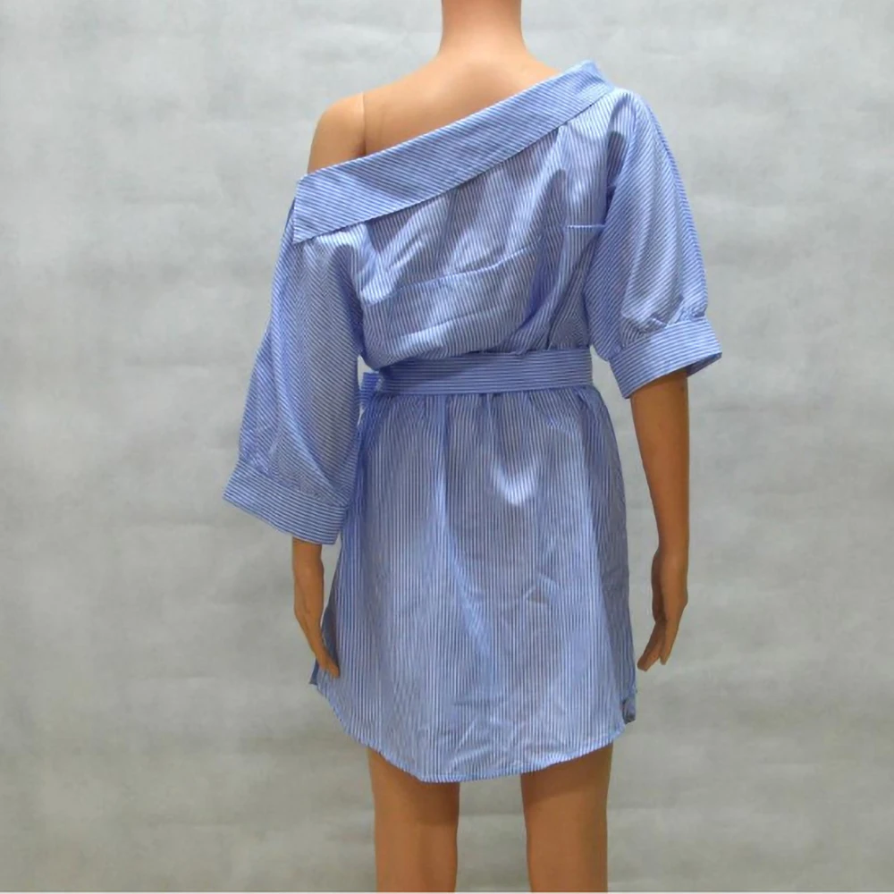 

2021 New Chiffon Women Irregular Oblique Shoulder Blouse Striped Belt Shirt Dress Short-Sleeved Fashion Women 's Clothing