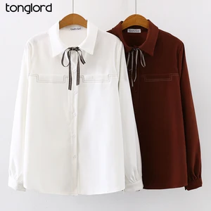 Женская офисная блузка Tonglord с длинным рукавом, женские рубашки, осень-весна 2020, приталенная блузка с бантом и отложным воротником, дикие женские топы в стиле ретро