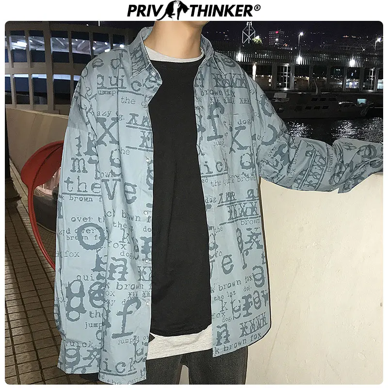 Мужская винтажная рубашка Privathinker с буквенным принтом Повседневная длинным