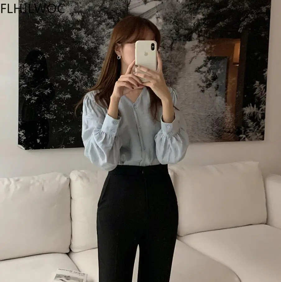 

2021 Spring Japanese Korea Chic Tops Blusas Women V Neck Retro Vintage Solid Single Breasted Button Shirts