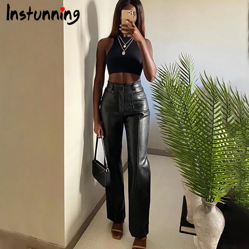 

Стильные брюки из искусственной кожи с высокой талией и карманами; Прямые брюки; Черные брюки из искусственной кожи; Сезон осень-зима; Брюки;...