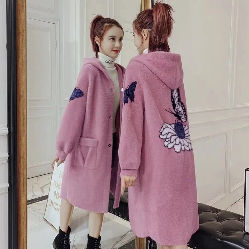 

Женский осенне-зимний свитер с капюшоном, пальто из искусственного меха норки, вязаный кардиган-бабочка, куртка с длинным рукавом, женская в...