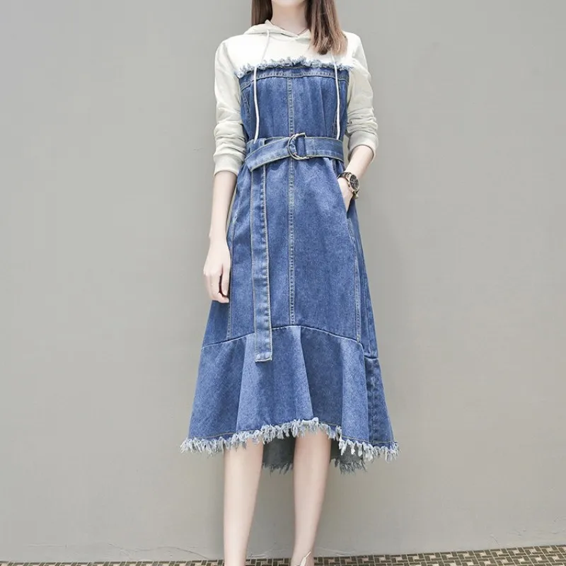 Женское джинсовое платье с бахромой и капюшоном размера плюс 5XL Длинное