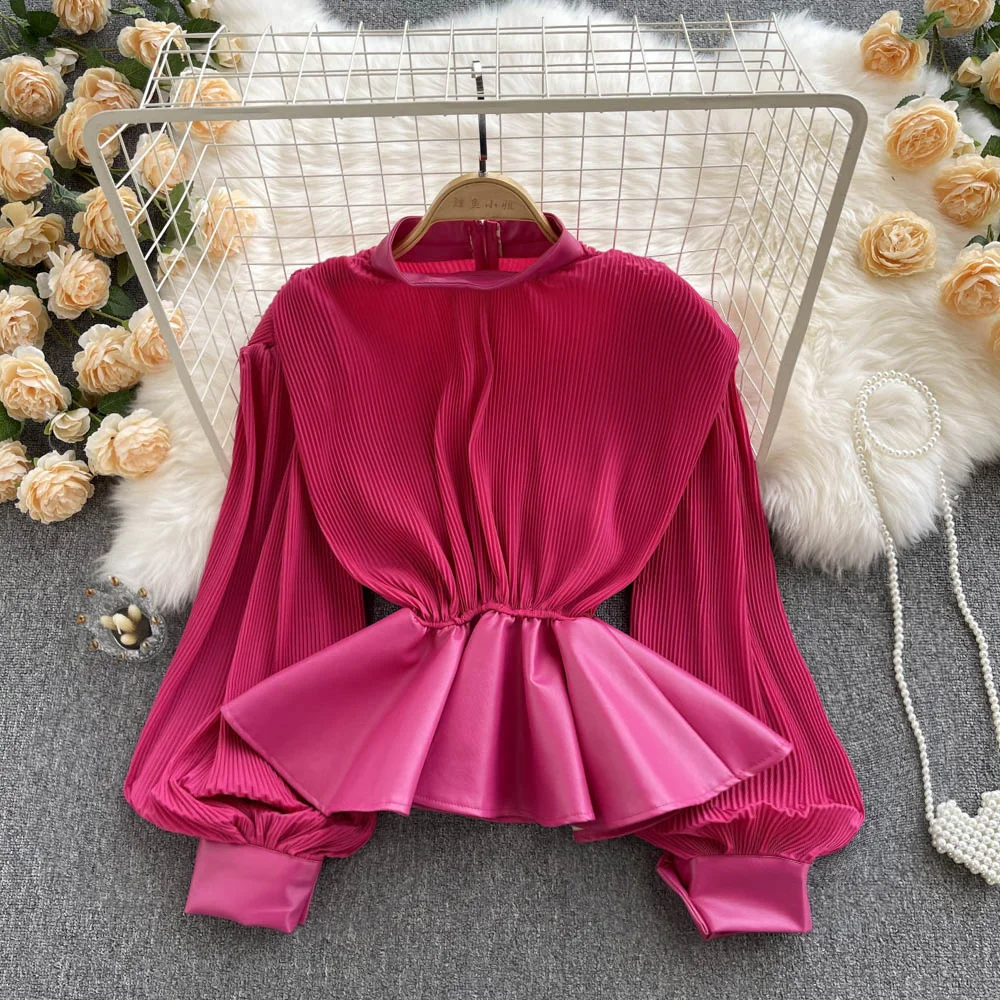 

French New Design Women's Blouse Fashion Spring Autumn PU Leather Patchwork Stand Collar Long Sleeve Elastic Waist Ruffles Shirt