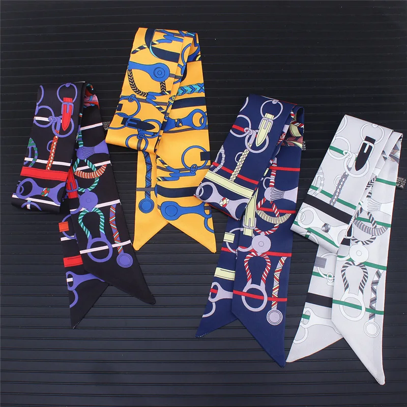 Женские шелковые шарфы с цепочкой Длинные облегающие принтом офисный платок