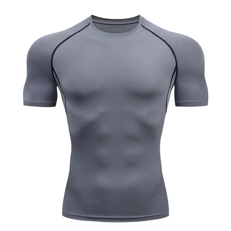 

2021 New Compression Men's Running T-shirt Quick-drying Sportswear color Round Neck Top Short sleeve Stretch Tight Gym T-shirt