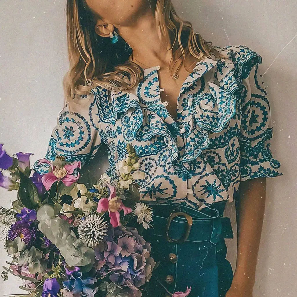 

Ecru Blue White South Blouse Femme Ruffles Embroidery Short Sleeve O Neck Blouses 2022 Woman Elegant Shirts De Mujer chemisier