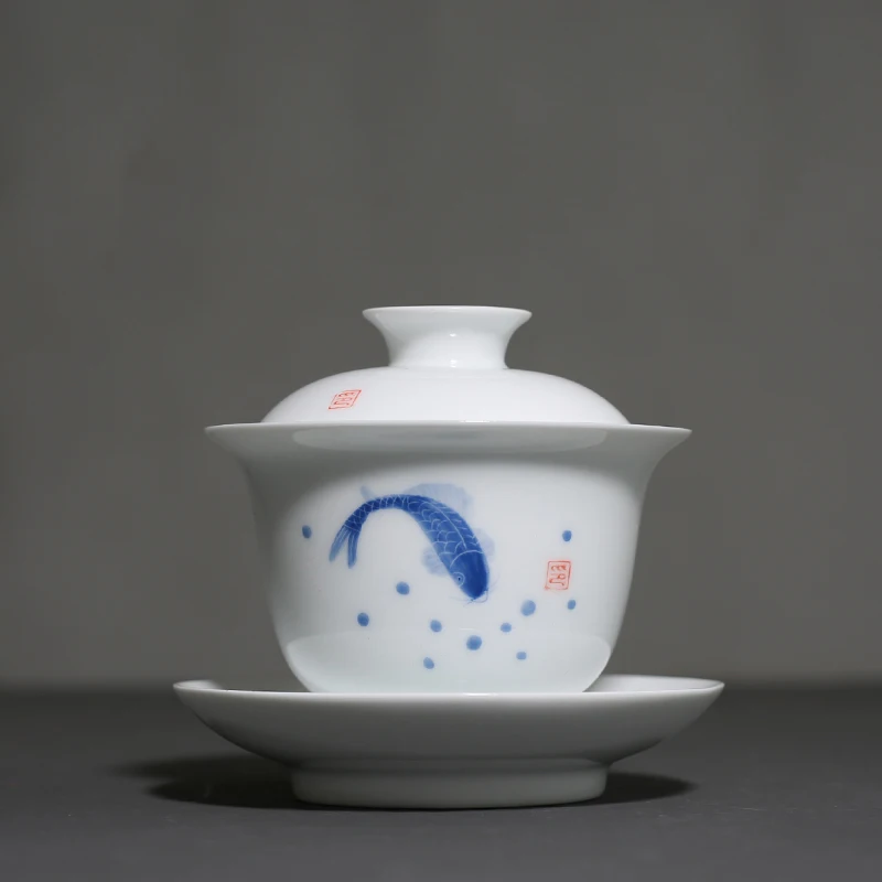 130 мл ручная роспись Koi Fish Gaiwan белая керамическая фарфоровая китайская чайная