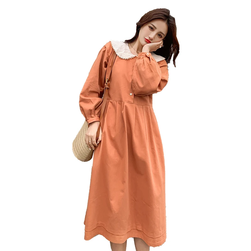 

Lesavir 2021 Plus Size Solid Pregnant Women Loose Sweet Doll Collar Full Sleeve Spring Autumn A-line Dress Midi Dresses Vestido