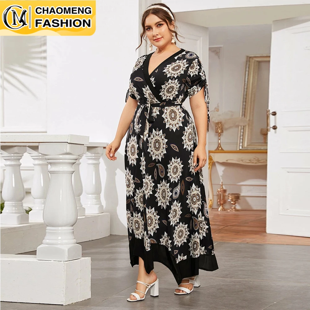 

Summer New Fashion Printing V-Neck Irregular Swing Plus Size Women Dress America Europe Africa Bohemian Ladies Beach Vestidos