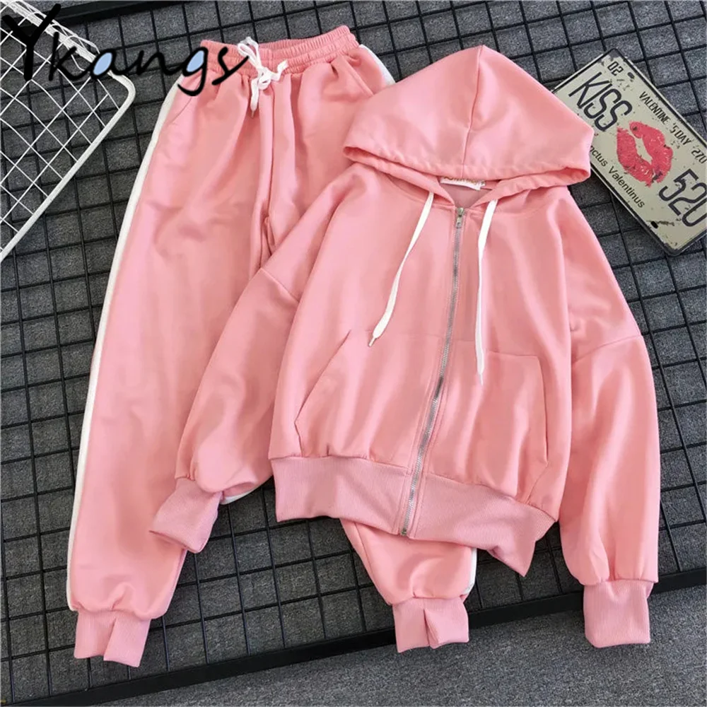 

Casual Hooded Cardigan+Elastic Waist Loose Trousers Two-Piece Spring Autumn Bf Harajuku Elegant Women Clothing Purple Sportswear
