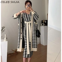 korean autumn knitted dress woman single breasted v neck elegant knit dress bodycon woman apricot plaid luxury sweater dresses
