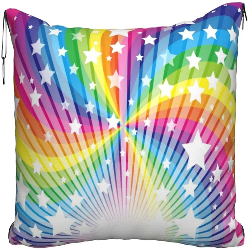 

Rainbow Stars Travel pillow blanket two-in-one backpack strap and compact airplane bag waist support 60x43 inches