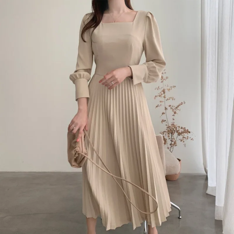 

Vintage Korea Chic Pleated Folds Party Dresses for Women Long Sleeve Casual Woman Bodycon Dress Evening Vestidos Autumn 2021 New