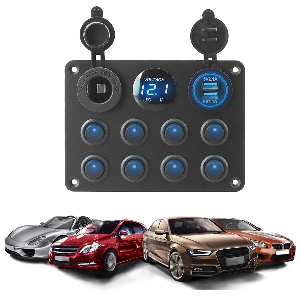 

Cigarette Lighter Socket Dual USB 12-24V 8 Gang Car Marine Boat Circuit Breaker Toggle Switch Panel