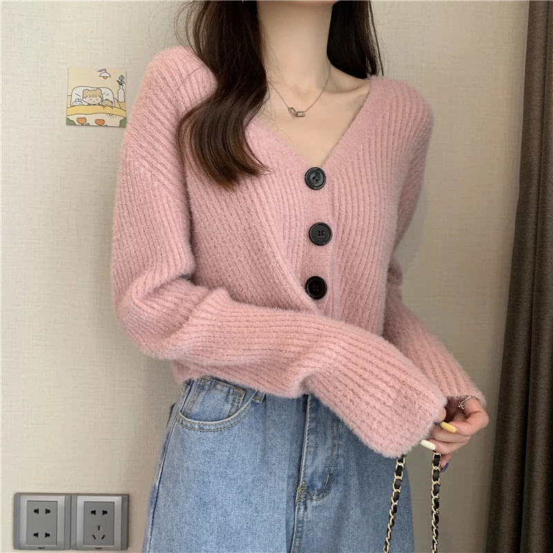 

Fashion Solid Knitted Sweater Cardigan Women Autumn Winter Fashion Loose Korean V-neck Single Breasted Causal Crop Tops Jumpers