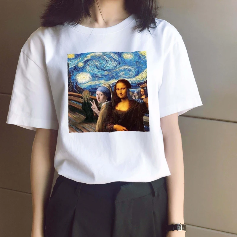 Футболка Harajuku Mona Lisa с круглым вырезом Повседневная Уличная одежда короткими