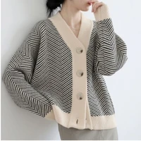 2021 new korean retro knitted cardigan womens striped idle style baggy coat all matching outer wear sweater