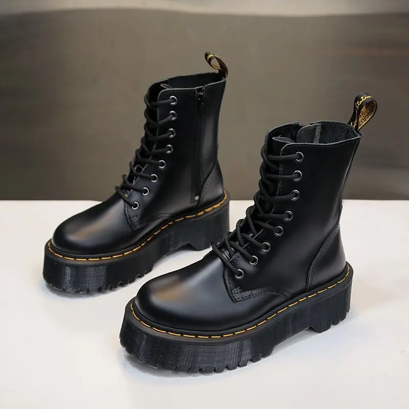 Ботильоны женские кожаные на платформе ботинки в стиле панк молнии сбоку