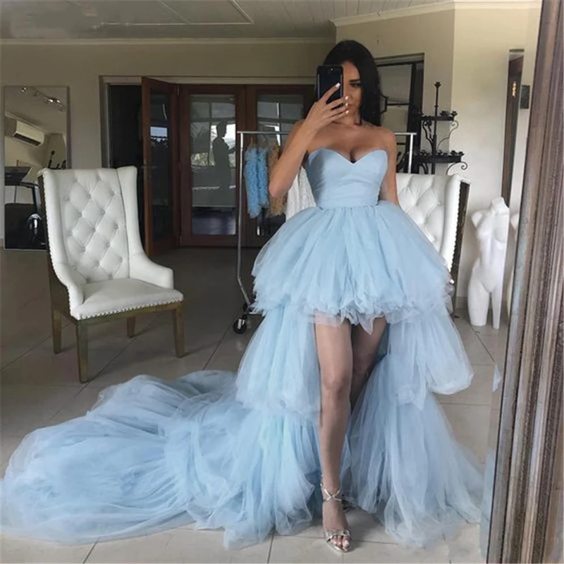 

Light Blue Hi-Lo Prom Dresses 2022 Strapless Backless Tiered Skirts High Low Formal Evening Party Gowns vestido de noche Custom