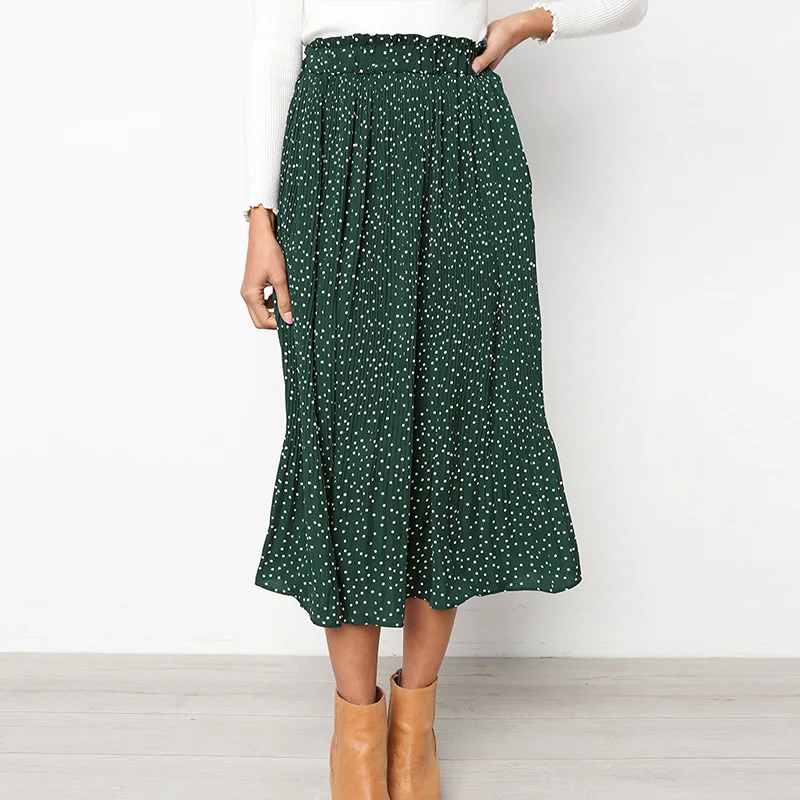 

Dot Printed Pleated High Waist Skirt Women's Pocket Elastic Loose Force Female Skirts 2020 Spring Summer Casual Bottoms Ladies