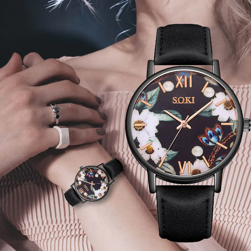 

Casual Flower Pattern Women Watches Clock Gift Female High Quality Leather Strap Band Ladies Montre Femme Dropshipping