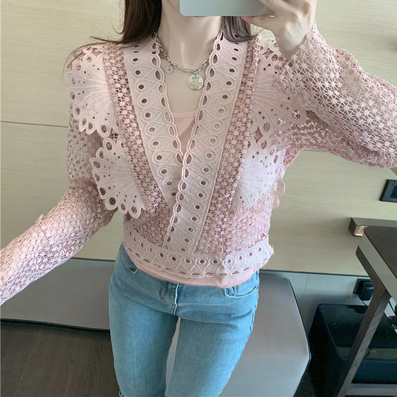 Женская кружевная блузка белая Повседневная Блузка с длинным рукавом V-образным
