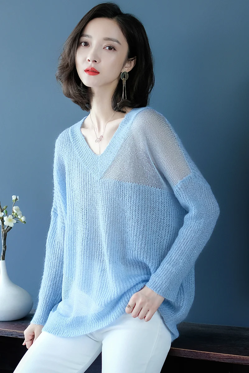 2019 осенний сексуальный полупрозрачный женский свитер с v-образным вырезом Чистый