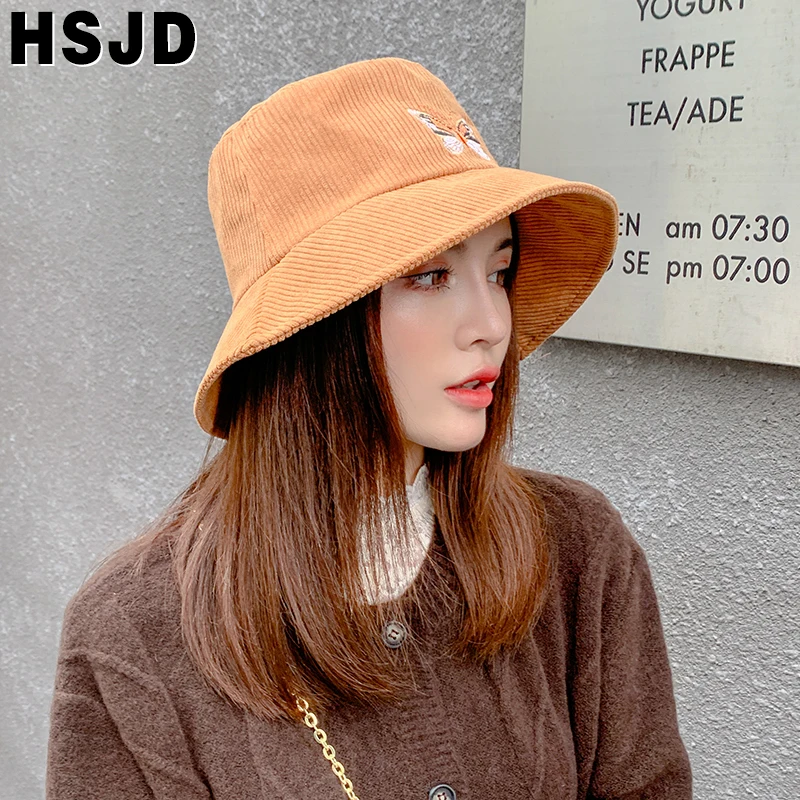 Butterfly Embroidery Bucket Hat Thickened Warm Autumn Winter Wide Brim Hats For Women Corduroy Hats Korean Panama Fisherman Hat