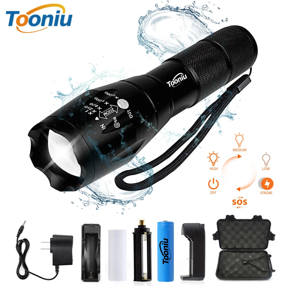 Tooniu XM-L T6 L2 алюминиевый водонепроницаемый Zoomable CREE светодиодный тактический флэш-светильник фонарь светильник для 18650 аккумуляторной батареи или AAA