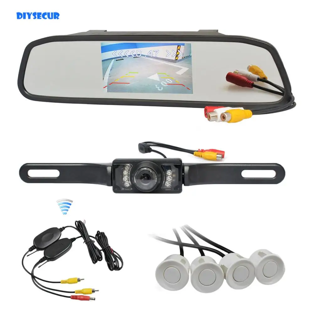 

DIYSECUR Wireless Video Parking Radar 4 Sensors 4.3" Car Monitor Mirror Monitor + IR Rear View Car Camera