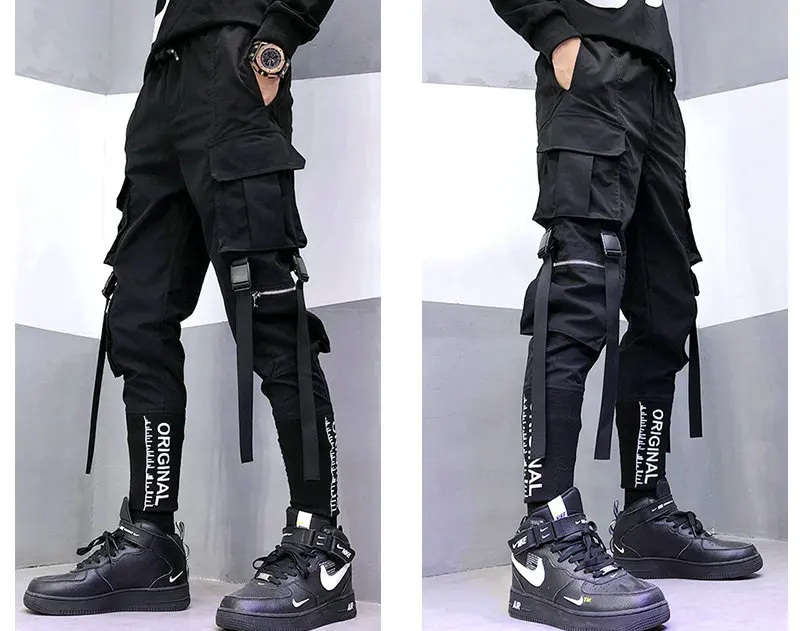 

Streetwear Ribbons Pockets Harem Pants Men Spring Summer Casual Sweatpants Hip Hop Joggers Slim Fit Black Men Pencil Pants