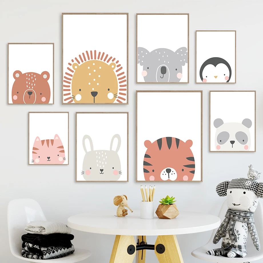

Cute Lion Rabbit Bear Koala Penguin Cat Wall Art Canvas Nordic Posters And Prints Animals Wall Pictures Kids Room DecorPainting