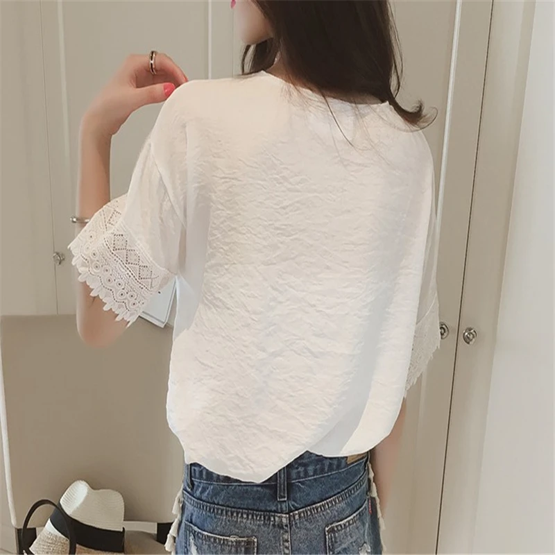 Camisa de gasa de encaje holgada para mujer, Top de gasa de manga corta con cuello en V, versión coreana, verano 2020