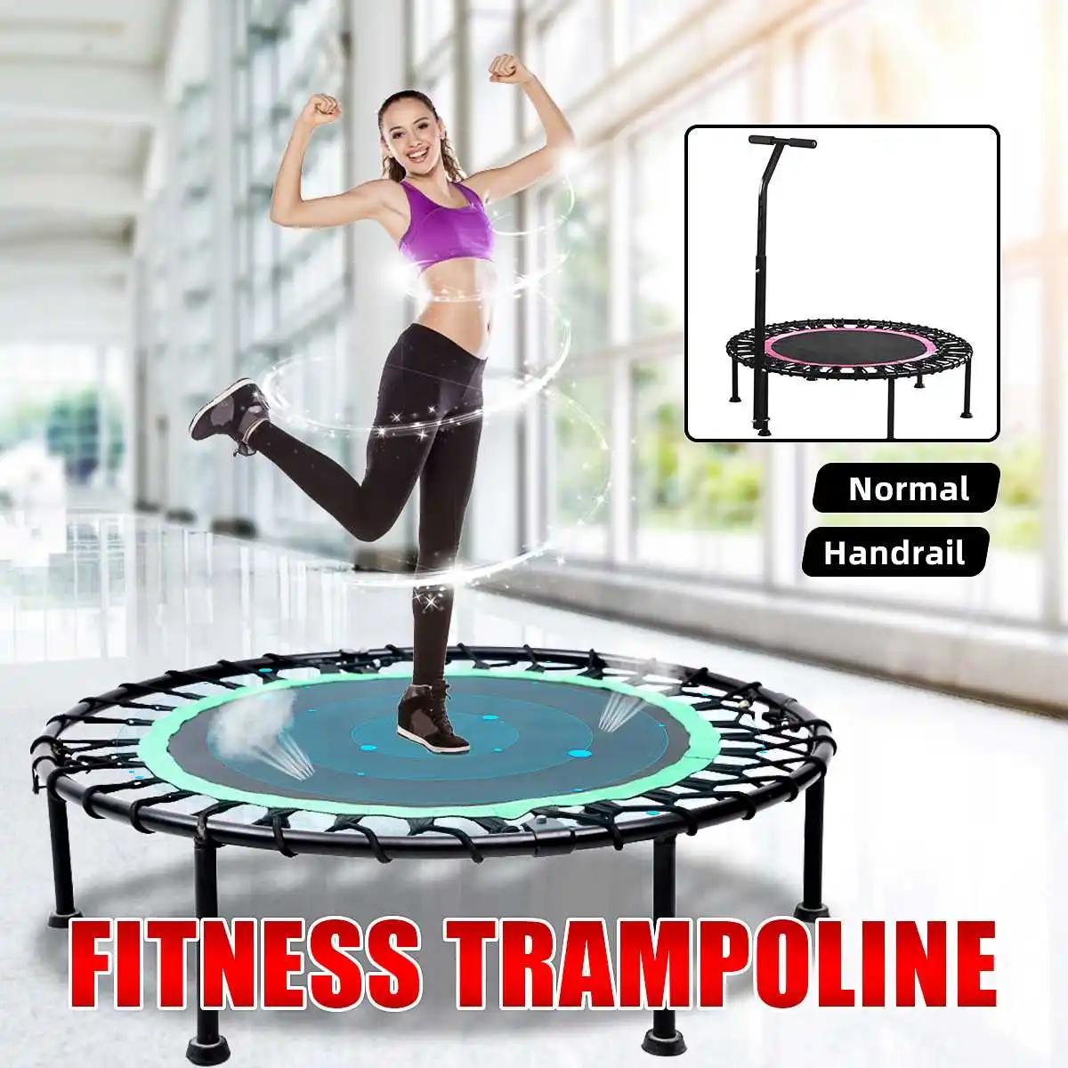 

40" Indoor Trampoline Gym Fitness Trampoline for Adults Kids Safety Jump Sports Training with 3 Levels Adjustable Handle Bar