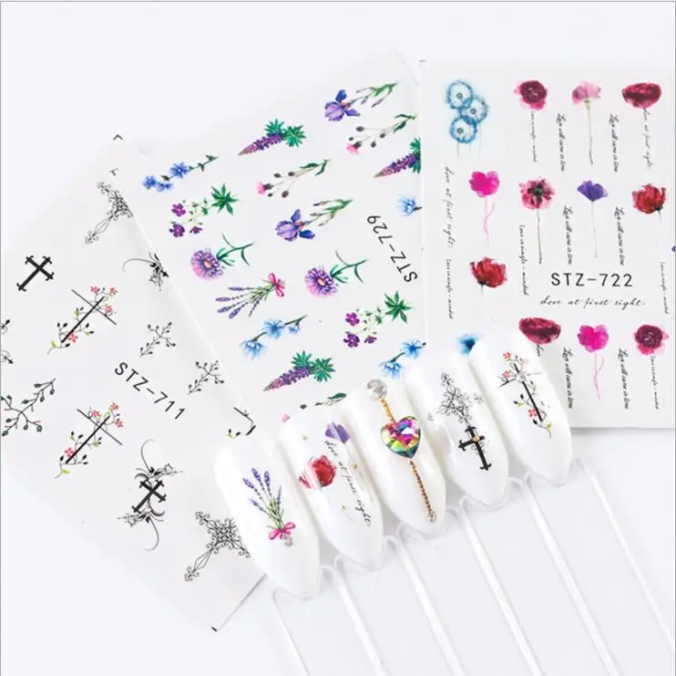 24 шт. смешанный дизайн новый ногтей Цветочные наклейки акварельные чернила на