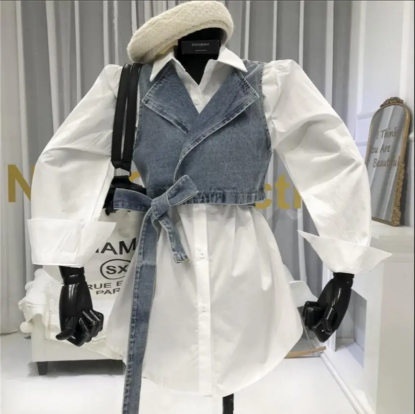 Новый весенний Модный маленький джинсовый жилет + простая белая рубашка с