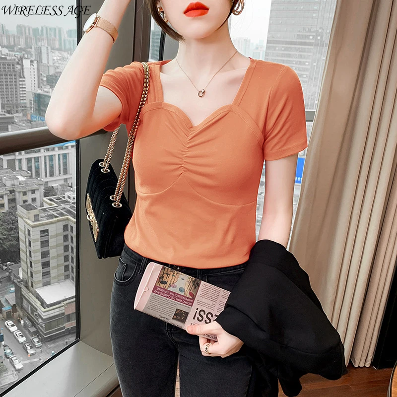 

WIRELESS AGE T Shirt Women V Neck Slimming Commute Solid Color Clavicle Short Sleeve Top Female 2021 New Summer Fashion Wild