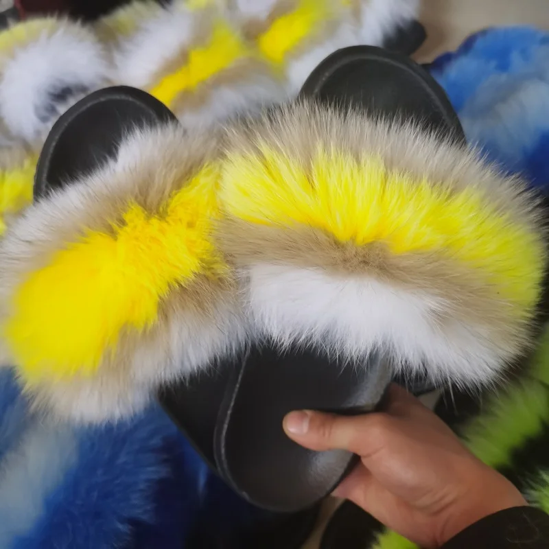 

Fashion Women Fur Slides Real Fox Fur Slippers Cute Fluffy Ladies Sandals Plush Female Fur Flip Flops Furry Fur Slides Wholesale