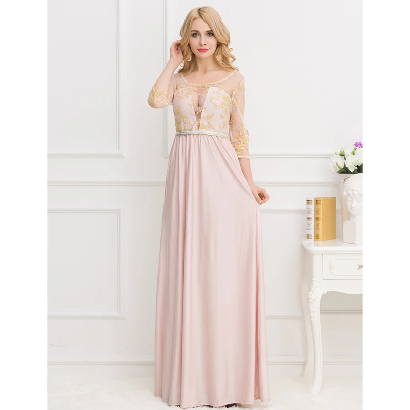 

Women High Quality Vestido De Festa Plus Size Apricot Long Sleeve Transparent Embroidery Gown Open Back Long Dress VS1025