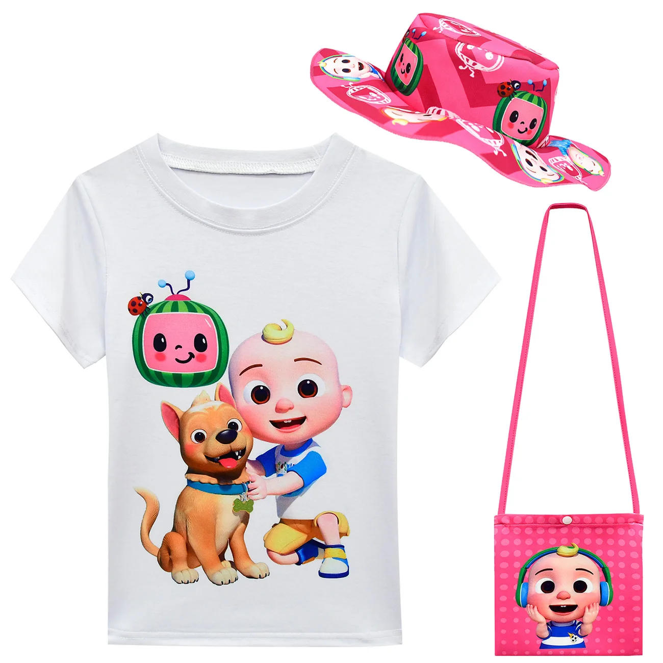 

Baby Cocomelon JJ Summer Clothes Kids Rainbow Watermelon T Shirts+pleated Skirts Bag SunHat 3pcs Suit Toddler Girls Outfits 2-10