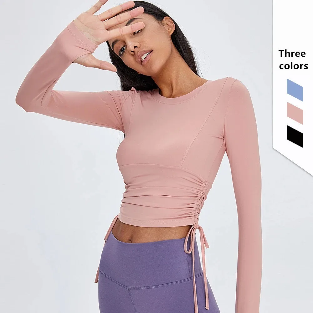 

Sport Top Women Push-up Yoga Pullover Fitness Sportwear Double Lace Up Gym Shirt Long Sleeve Workout Running Crop Top