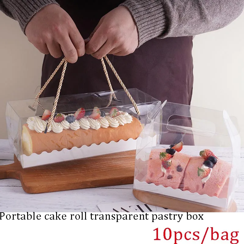 

10pcs Transparent Cake Box With Handle Cupcake Swiss Clear Plastic Portable PET Packing Gift Box Roll Long Cake Packing Box