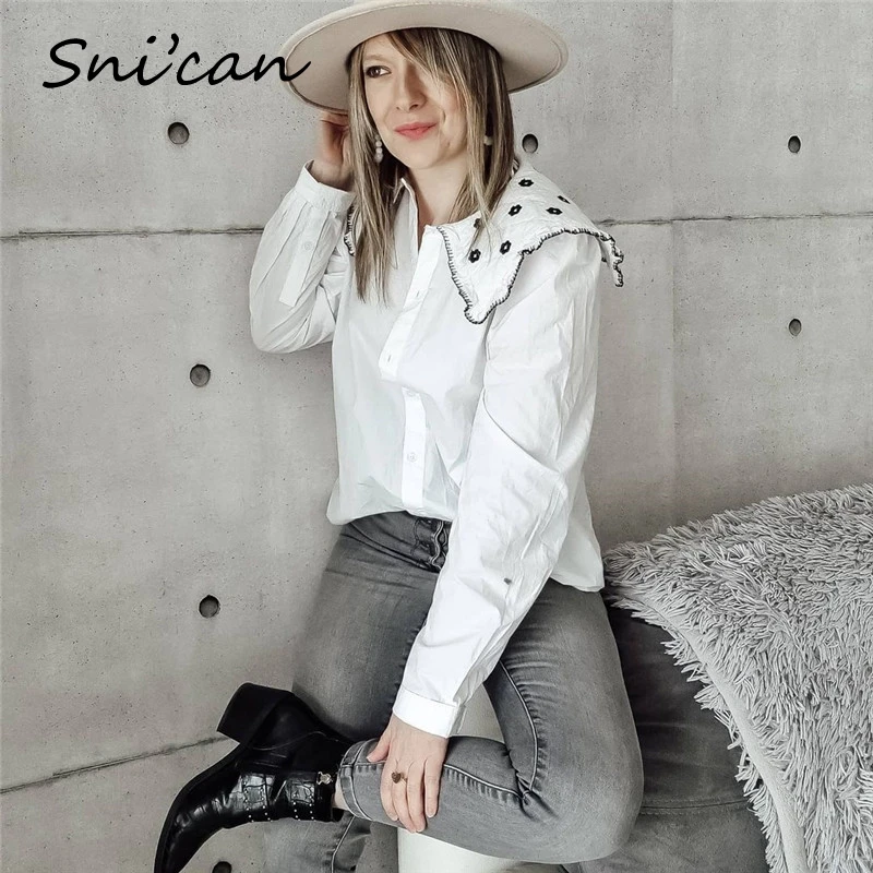 

Snican White Floral Embroidery Women Shirts Tops Basic Casual Fashion Office Ladies Blouse Blusas Mujer De Moda 2021 Verano New