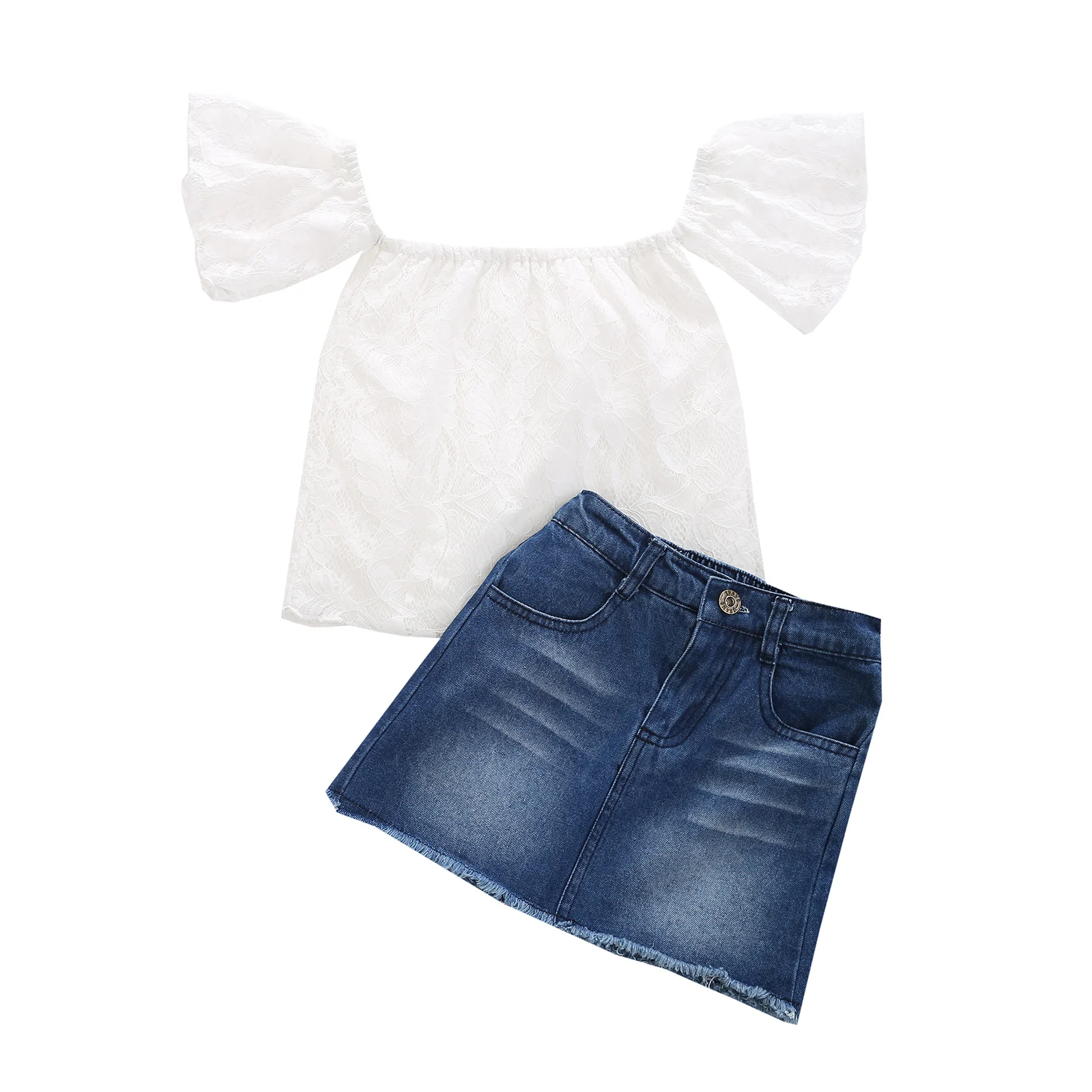 

Костюм для девочек из 2 предметов, однотонная Кружевная футболка с коротким рукавом и джинсовая короткая юбка