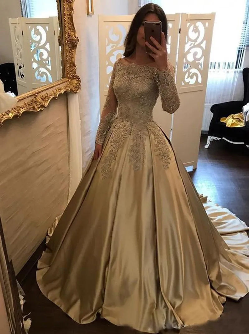 

Gold Satin Ball Gown Evening Dresses 2020 Applique Off Shoulder Long Illusion Sleeves Sweep Train Beaded Sequins